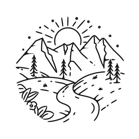 Simple mountain landscape design Wilderness Drawings Easy, Landscape Simple Drawing, Simple Mountain Design, Mountain Simple Drawing, Cute Mountain Drawing, Landscape Drawing Simple, Mountains Drawing Simple, Wanderlust Doodles, Camping Drawing Simple