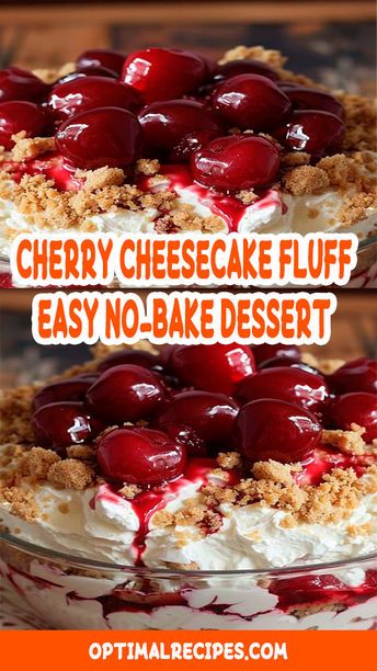 Craving something sweet but don't want to turn on the oven? Meet your new favorite dessert: Cherry Cheesecake Fluff! This easy, no-bake recipe is perfect for those lazy days when you need a quick and delicious treat. Creamy, dreamy, and loaded with cherry goodness, this fluff is sure to be a hit at any gathering or as a special treat just for you. Save this pin for a dessert that’s as easy as it is irresistible! #CherryCheesecakeFluff #NoBakeDessert #EasyRecipe #SweetTreat Cherry Cheesecake Dessert No Bake, Potluck Desserts No Bake, Carry In Desserts Easy, No Bake Or Cook Recipes, Valerie Bertinelli Recipes Desserts, Cherry Cheesecake Fluff Salad, Recipes With Cherry Pie Filling Easy Desserts, Cool Whip Fruit Desserts, Easy Dessert Recipes For Bbq