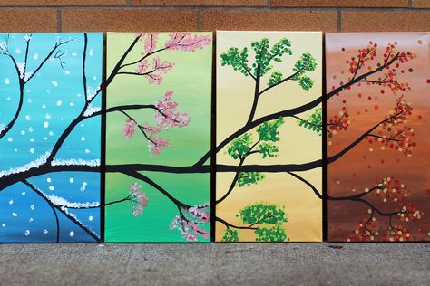 4 Seasons Canvas Painting, 4 Seasons Drawing Ideas, Tree Seasons Painting, Four Seasons Tree Drawing, Four Seasons Painting Easy, Seasons Drawing Ideas, Season Art For Kids, Seasons Canvas Painting, 4 Season Painting