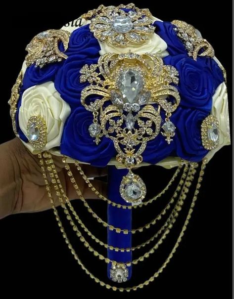 Quinceanera Ramos, Royal Blue Quince Dress, Jewel Bouquet, Royal Blue And Gold Quinceanera, Blue Quince Dress, Quince Blue, Royal Bouquet, Royal Blue Quince, Quinceanera Accessories