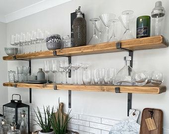 Diy Bar Shelf Ideas, Diy Bar Shelves, Bar Shelf Ideas, Shelves Industrial, Industrial Floating Shelves, Rustic Wood Floating Shelves, Wooden Floating Shelves, Farmhouse Shelves, Rustic Floating Shelves