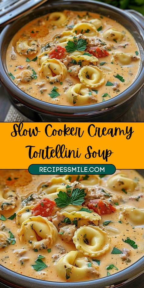 Slow Cooker Creamy Tortellini Soup, Crockpot Tortellini Soup, Tortellini Soup Crockpot, Tortellini Soup With Sausage, Crockpot Tortellini, Slow Cooker Tortellini Soup, Crock Pot Tortellini, Cheese Tortellini Recipes, Cheese Tortellini Soup