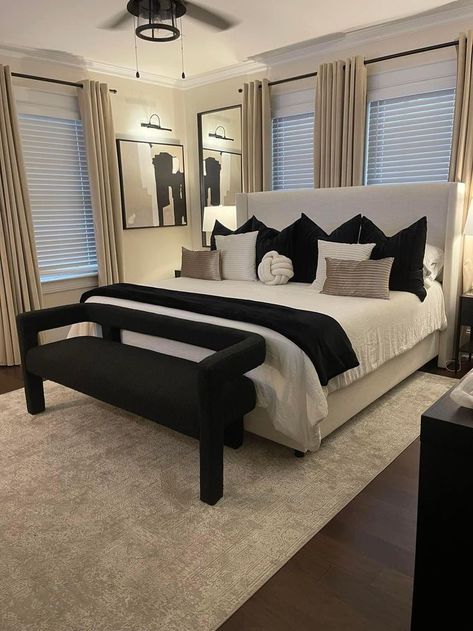 Beige And Black Aesthetic Bedroom, Dining Area Decor Modern, Relationship Bedroom Ideas, Black And White Apartment Aesthetic Bedroom, Black White And Beige Bedroom Minimalist, Black Couple Apartment Goals, Neutral Black Bedroom Ideas, Beige Cream And Black Bedroom, Home Decor White Walls