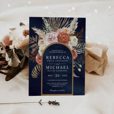 Terracotta Navy Wedding, Pampas Arch, Blue Pampas, Fall Desert, Orange Peonies, Brown Roses, Navy Wedding Invitation, Fall Deserts, Dark Midnight Blue