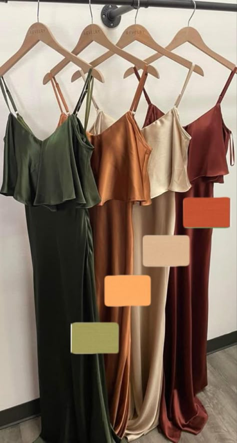 Neutral Color Bridesmaid Dress, Fall Silk Bridesmaid Dresses, Autumn Bridesmaid Dresses Mismatched, Autumn Bridesmaids Dresses, Boho Style Bridesmaid Dresses, Muted Jewel Tone Bridesmaid Dresses, Rustic Fall Wedding Ideas Autumn October Bridesmaid Dresses, Autumn Wedding Party Attire, Rust Bridesmaid Dresses Mismatched