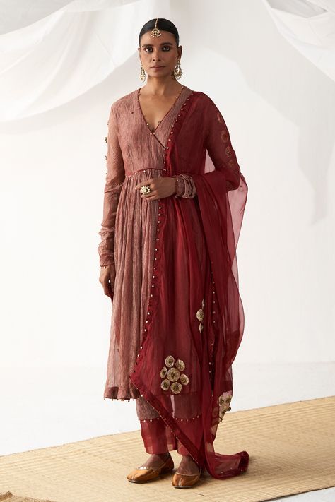 Buy Maroon Silk Tissue Placement Embroidery Golden Pleated Anarkali Set For Women by Itrh Online at Aza Fashions. Angrakha Design, Churi Sleeves, Black Kurta Set, Dot Embroidery, Placement Embroidery, Black Kurta, Culottes Pants, Embroidered Anarkali, Culotte Pants