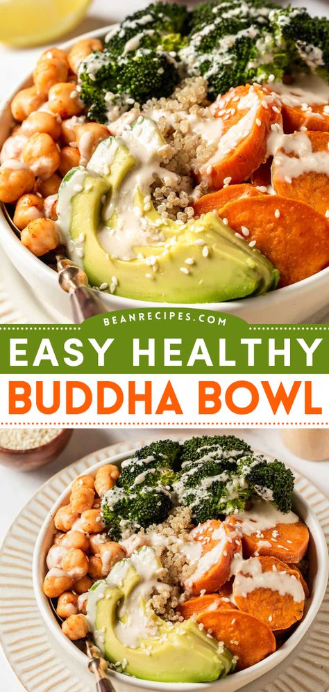 Looking for a simple chickpea recipe for dinner? This healthy buddha bowl recipe is just the thing for you! A simple vegetarian recipe, it combines grains, protein, veggies and a yummy sauce to make a hearty and vibrant dish. Pin this healthy lunch idea! Chickpea Buddha Bowl Recipe, Simple Power Bowls, Garbanzo Bean Bowl, Healthy Dinner Recipes Chickpeas, Easy Healthy Lunch Bowls, Simple Buddha Bowl, Grain Bowls Vegetarian, Vegan Protein Bowl Recipes, Protein Bowl Sauces