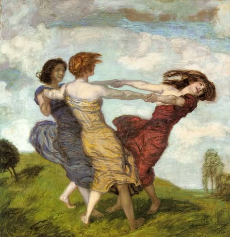 Three Sisters Painting, Three Daughters Aesthetic, Three Sisters Aesthetic, Franz Stuck, Franz Von Stuck, Dance Fever, Classical Mythology, Sweet Caroline, Three Graces