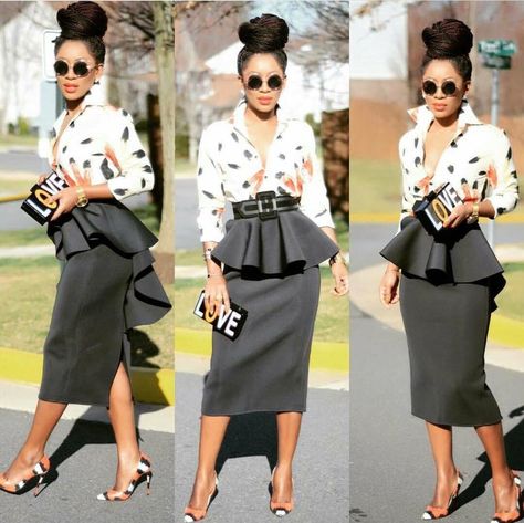 love it without the peplum. Peplon Top And Skirt Styles, Unveiling Outfit Ideas For Women, Unveiling Outfit Ideas, Peplum Skirt Outfit, Peplum Skirt Outfits, Conservative Outfits, African Dresses Modern, Career Fashion, Peplum Styling