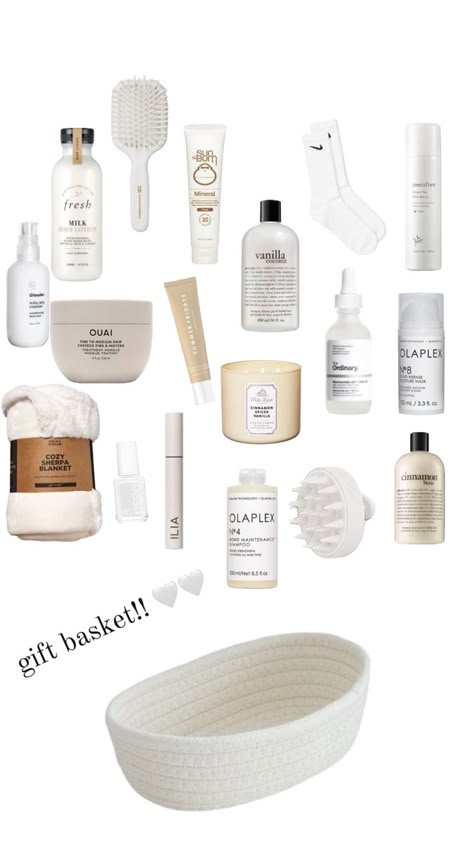 white, white basket, skincare, makeup, blanket, candles, the ordinary, ouai, olaplex, sunbum, summer fridays, hair care, nail polish Self Care Basket, Girly Christmas Gifts, Care Basket, Birthday Presents For Friends, White Basket, Preppy Gifts, Birthday Basket, Cute Gifts For Friends, Birthday Gift Baskets