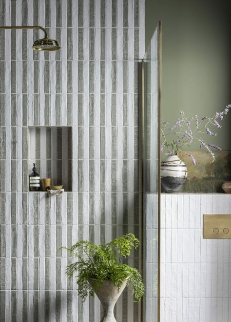 8 New Inspirational Bathroom Designs | Mandarin Stone Sage Green Tiles, Green Tile Bathroom, Mandarin Stone, Striped Tile, Green Tiles, Loft Bathroom, Herringbone Tile, Feature Tiles, Brick Tiles