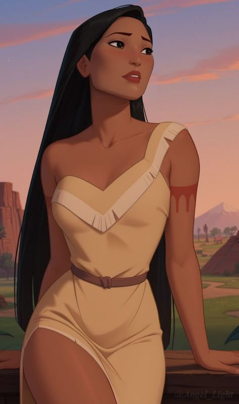 Black Princesses Disney, Disney Princess Pocahontas Fanart, Long Hair Cartoon Character, Pochahontas Aesthetic, Pocahontas Aesthetic Disney, Hear Me Out Disney Characters, Pocahontas Makeup Look, Pocahontas Aesthetic Wallpaper, Emily Character