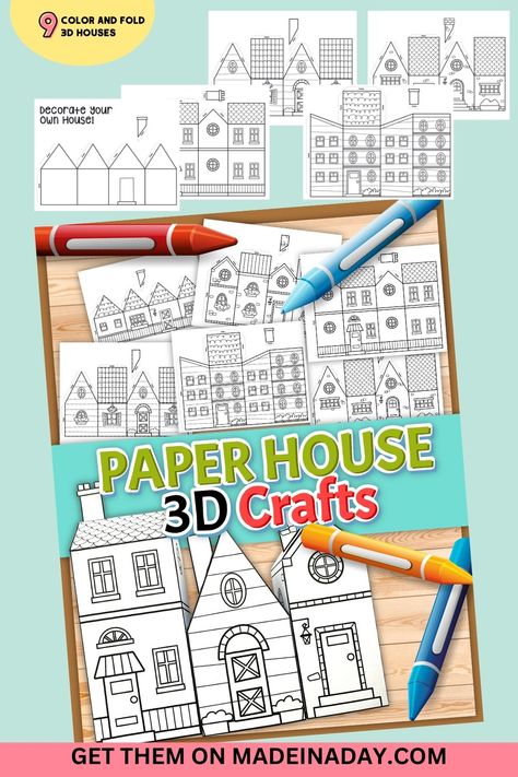 Create your own village with this super cute 3D paper house craft! Print and color in the pages. Cut out the houses, fold the edges, tape them together and enjoy! Coloring page of a house, coloring page house, 3d paper craft printable, 3D paper craft 3d Paper City Templates, Paper City Printable For Kids, Paper School Template, 3d House Template Free Printables, 3d House Printable, Pop Up House Template Free Printable, 3d Paper Houses Free Printable, Paper Village Template Free Printable, Diy Paper House Templates