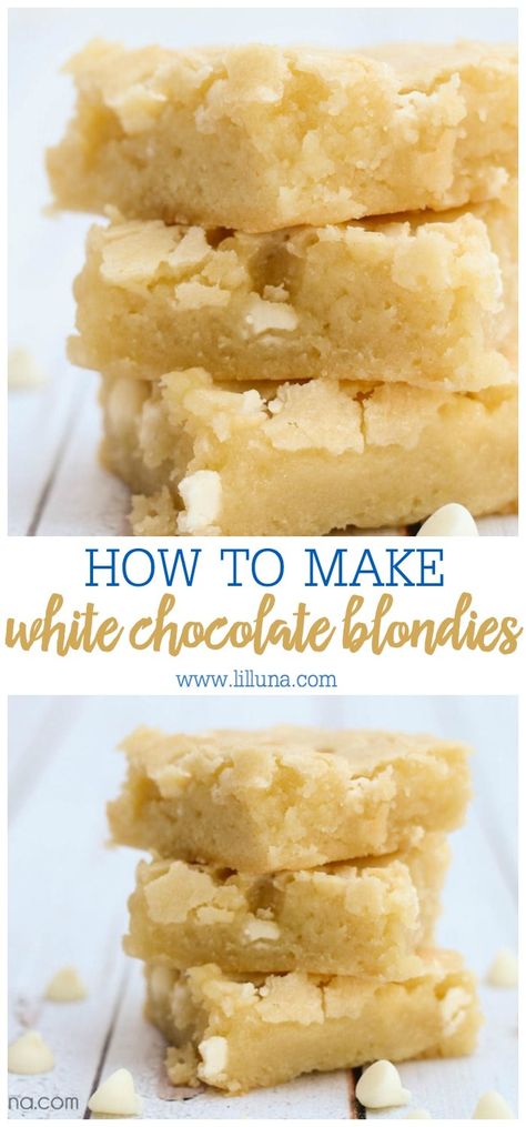 Soft & gooey White Chocolate Blondies are bursting with white chocolate chips and chewy vanilla brownie delicious-ness!#whitechocolateblondiesrecipe #whitechocolateblondies #blondiesrecipe #blondies #whitechocolate White Chocolate Brownies Recipe, White Chocolate Blondies Recipe, Chocolate Blondies Recipe, Brownies Decorados, Vanilla Brownies, Chocolate Brownies Recipe, Chocolate Blondies, White Chocolate Brownies, White Chocolate Blondies