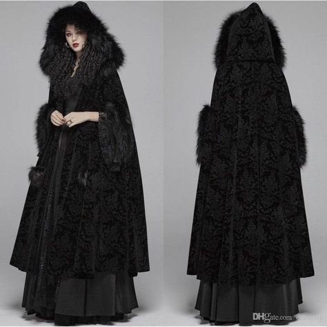 Fantasy Queen Dress, Gothic Winter Outfit, Cloak Outfit, Cloak Dress, Winter Cloak, Black Fur Coat, Queen Dresses, Oc Stuff, Bespoke Clothing