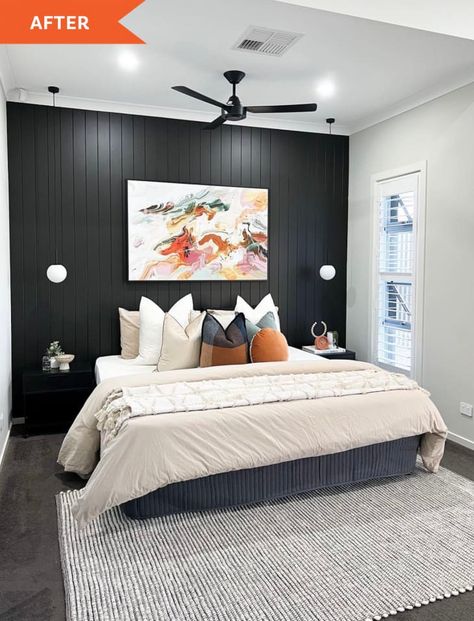 Color Accent Wall, Boring Bedroom, Wall Behind Bed, Black Accent Wall, Black Feature Wall, Wall Design Ideas, Feature Wall Bedroom, Black Accent Walls, Light Grey Walls