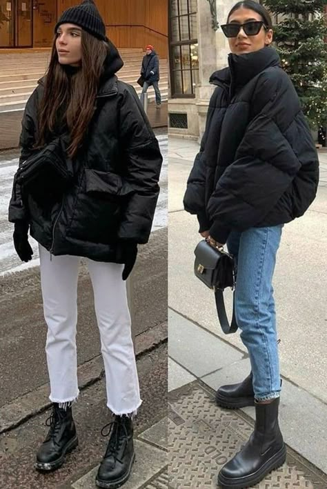 Stylish Puffer Jacket Outfit, Oversize Puffer Jacket Outfit, Tall Chelsea Boots Outfit Women, Puffer Jacket Women Outfits, Winter Outfits Cold Freezing Europe, Hooded Puffer Jacket Outfit, Black Winter Jacket Outfit, Black Down Jacket Outfit, Germany Winter Outfits