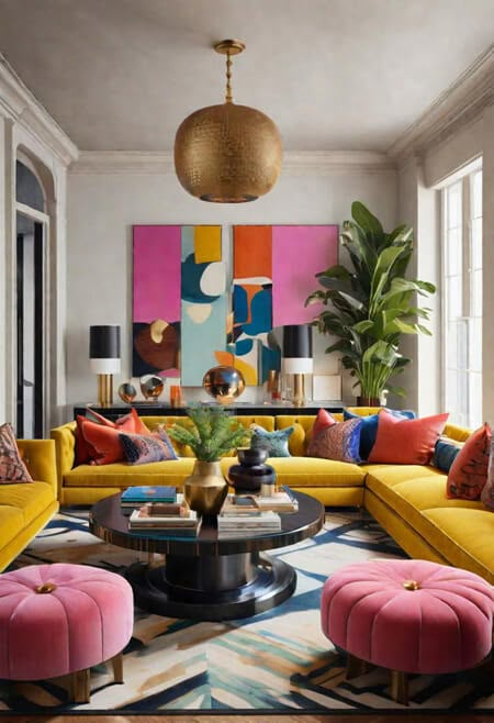 How to decorate with many colors. eclectic maximalism.  Colorful eclectic home. Colorful interiors. Colorful rugs. Colorful home decor. Colorful houses interior. Colorful room decor. Colorful room ideas. colorful living room. yellow sofa. pink ottoman. colorful art. blue. orange. Colorful Classic Interior Design, Living Room Ideas With Two Sofas, Energetic Living Room, Yellow Sofa Interior, Pink Scandinavian Living Room, Bright Funky Living Room, Bold Colorful Interior Design, Chic Colorful Living Room, Colorblock Living Room