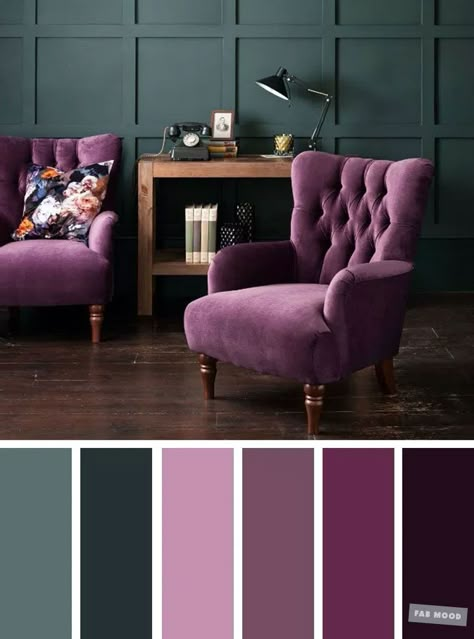 The Best Living Room Color Schemes – Dark Green & Purple - Fabmood | Wedding Colors, Wedding Themes, Wedding color palettes Violet Living Room, Vintage Living Room Design, Good Living Room Colors, Design Ložnic, Purple Living Room, Furnitur Ruang Keluarga, Minimalist Dekor, Living Room Color Schemes, Trendy Living Rooms