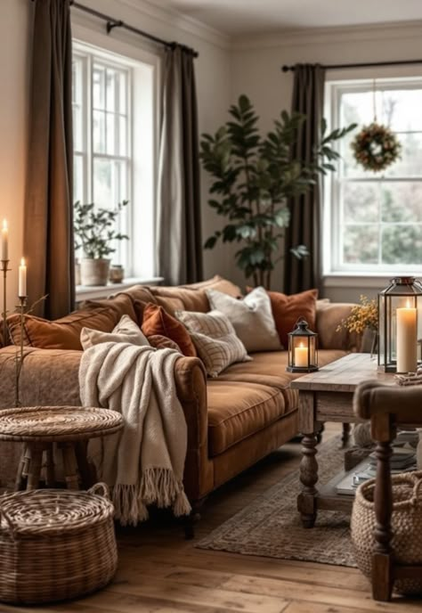 Cozy Lighting Living Room Average Home Decor, Pine Living Room Ideas, Living Room Rustic Ideas, Living Room Decor Craftsman, Cozy Open Living Room Ideas, Lantern In Living Room, Staging A Small Living Room, Cozy Interiors Living Rooms, Cozy Vintage Living Room Decor Ideas