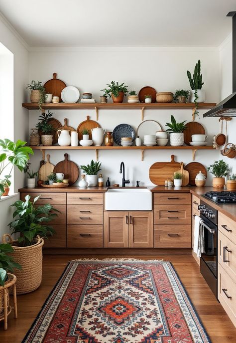 Scandi Boho Decor Earthy Boho Kitchen Ideas, Scandi Decor Ideas, Kitchen Boho Ideas, Boho Kitchen Counter Decor, Eclectic Dishware, Kitchen Shelves Decor Ideas, Boho Kitchen Ideas Bohemian Style, Scandi Boho Kitchen, Scandi Boho Living Room