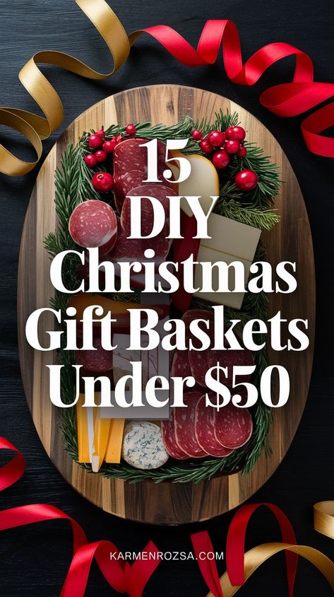 15 DIY Christmas Gift Baskets Under $50 with charcuterie boards and spa items. Create holiday magic with DIY Christmas gift baskets! These budget-friendly Christmas gift ideas are perfect for everyone on your list. Personalize each basket to make thoughtful, cheap gifts that spread joy and warmth this season. A Christmas gift basket is the perfect way to say you care! Unique Christmas Gift Baskets, Charcuterie Gift Basket, Diy Christmas Gift Baskets, Wine Gift Wrapping, Frugal Christmas Gifts, Budget Friendly Christmas Gifts, Charcuterie Gifts, Christmas Gift Baskets Diy, Affordable Christmas Gifts