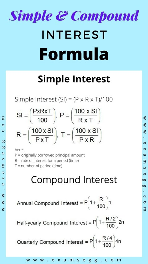 Examsegg simple interest and compound interest formula and online practice questions Basic Maths Formula, Simple Interest And Compound Interest Formulas, Interest Calculation Formula, Simple And Compound Interest Formula, Compound Interest Chart, Simple Interest Formula, Basic Math Formula Chart, Compound Interest Formula, Maths Formulas Basic