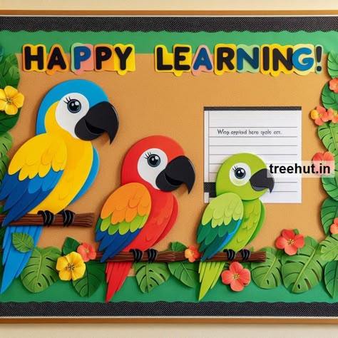 Parrot Bulletin Board Ideas, Tropical Bulletin Board Children's Day Softboard Ideas, Craft Border Ideas, Diy Display Board, 3 D Bulletin Board Ideas, Creative Board Ideas For School, Display Board Decoration For School, School Notice Board Ideas, Mother's Day Bulletin Board Ideas, Softboard Decoration Ideas For School