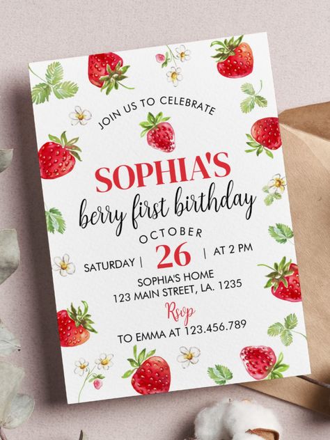 Strawberry First Birthday Invitation Berry Sweet Our strawberry birthday invitation is the perfect way to invite friends and family to your party #birthday #happybirthday #birthdaycards #birthdayparty #firstbirthday #turningone #berry #strawberry Berry First Birthday Invitation, 1st Birthday Invitation Template, Berry First Birthday, Strawberry Birthday, Strawberry Party, Sweet Party, Birthday Invitation Template, Invite Friends, Electronic Invitations