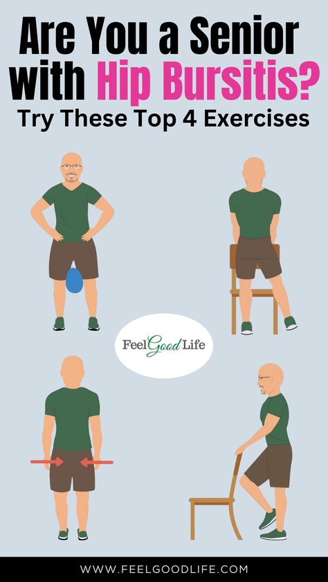 Discover four top exercises specially designed for seniors battling hip bursitis. Strengthen your muscles, reduce pain, and improve your mobility, all while staying safe and comfortable. #hipbursitis #exercises #seniors #painrelief Stretches For Bursitis Hip Pain, Exercises For Bursitis Hip Pain, Bursitis Hip Relief, Iliopsoas Bursitis, Best Exercise For Hips, Bad Knee Workout, Knee Strength, Hip Strengthening Exercises, Exercises For Seniors