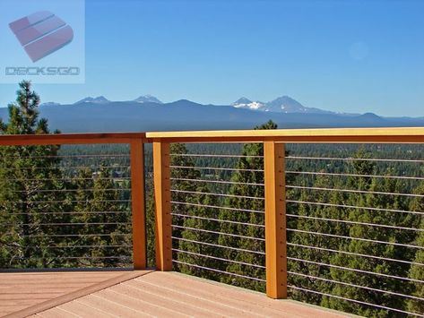 Spectacular unobstructed mountain view through this open cable rail and wood post system. Wire Deck Railing, Deck Railing Diy, Wood Deck Railing, Cable Railing Deck, Stainless Steel Cable Railing, Deck Railing Design, Cable Railing Systems, Modern Deck, Railing Ideas