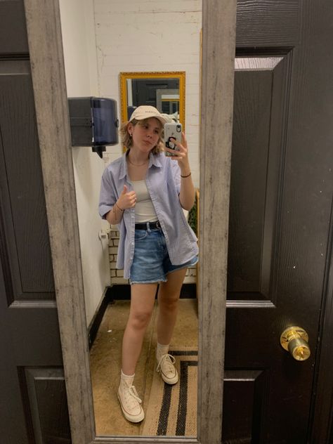 white tank, thrifted cutoff shorts, blue n white striped button down, black belt, converse 70s, cream hat Cream Converse, Converse 70s, Chuck 70, Outfits With Converse, Converse High, Cut Off Shorts, White Tank, Black Belt, White Stripe