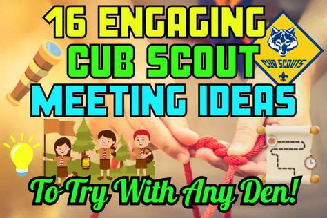 How to Plan Cub Scout Meeting Activities (With 16+ Ideas) - ScoutSmarts Scout Recruitment Activities, Wolf Den Meeting Ideas, Cub Scout Law Activities, Scout Activities Ideas, Tiger Bites Cub Scouts Activities, Cub Scout Halloween Activities, Cub Scout Christmas Party, Cub Scout Pack Meeting Ideas, Cub Scouts Lion Activities