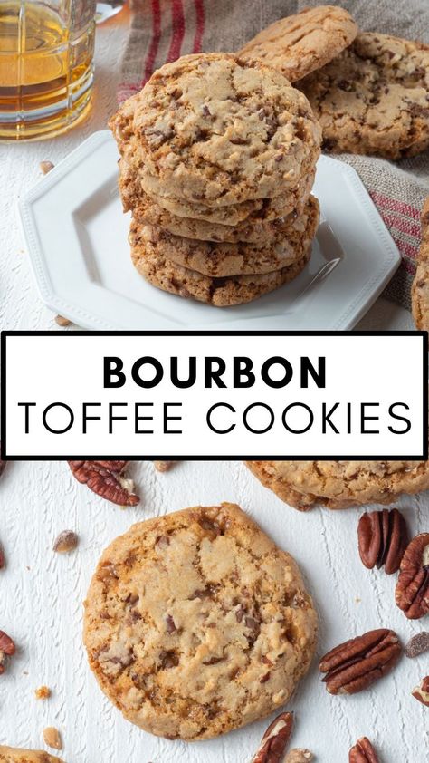 These delicious spiked Bourbon Toffee Cookies have the perfect balance of bourbon flavor with your favorite toffee candy and nuts. If you’re a bourbon lover, enjoy one of these at the end of a long day for a special treat! Bourbon Dessert Recipes, Bourbon Cookies Recipe, Bourbon Toffee, Bourbon Dessert, Bourbon Cookies, Toffee Coffee, Ultimate Chocolate Chip Cookie, Toffee Candy, Toffee Recipe