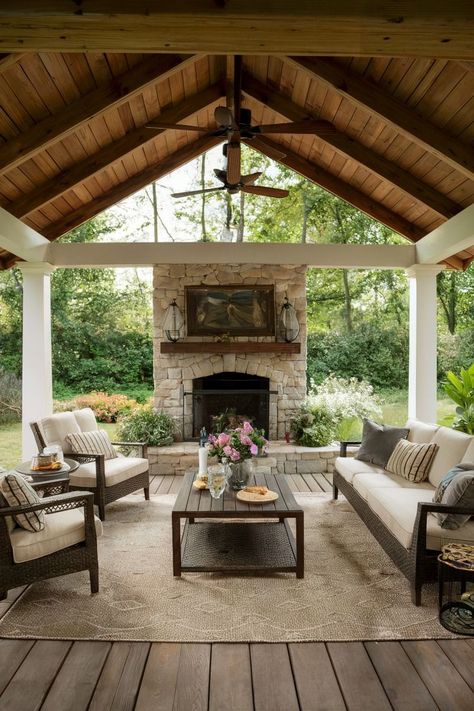 Vaulted Outdoor Patio With Fireplace, L Shaped Covered Patio Ideas, Large Outdoor Entertaining Area, Backyard Fireplace Ideas Lounge Areas, Big Patio Ideas, Outdoor Pavilion With Fireplace, Large Patio Ideas Layout, Large Covered Patio Ideas, Outdoor Covered Patio With Fireplace