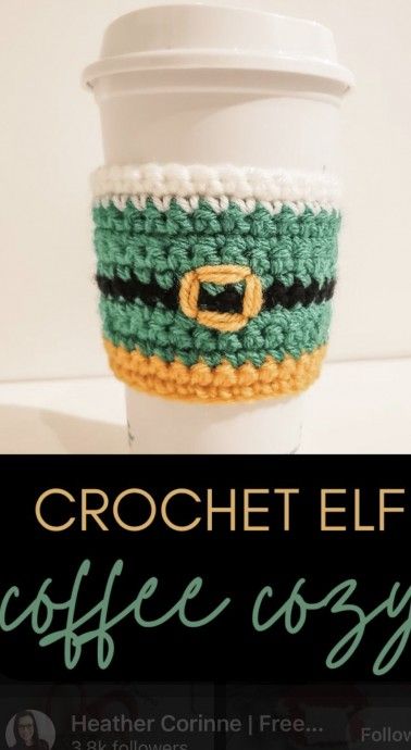 Crochet Elf Coffee Cozy (Free Pattern) Koozie Pattern, Crochet Coffee Cup, Cup Cozy Crochet Pattern, Crochet Elf, Mug Cover, Cup Cozy Pattern, Crochet Mug, Crochet Mug Cozy, Crochet Coffee Cozy