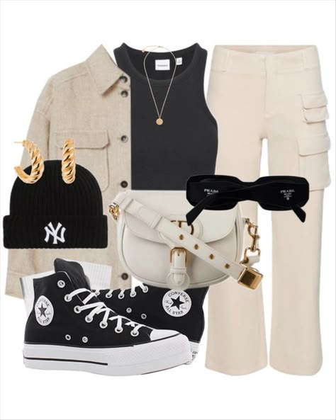 Cargo Pants Outfit Inspiration, Cargo Pants Classy Outfit, Black And Beige Outfits, Beige Cargo Pants Outfit Winter, Cargo Black Pants Outfit, Outfit With Converse Shoes, Outfit Cargo Beige, Outfits With Beige Pants, Black Cargo Outfit