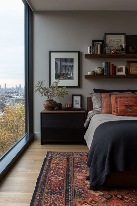 Design a modern master bedroom with these trending decor tips and ideas. Modern Small Primary Bedroom, Men’s Headboard, Bed Infront Of Window Design, Men’s Bedroom Master, Master Apartment Bedroom Ideas, Room Ideas Men Bedrooms, Guest Bedroom Ideas Grey Walls, Masculine Spare Bedroom, Mid Century Modern Industrial Bedroom