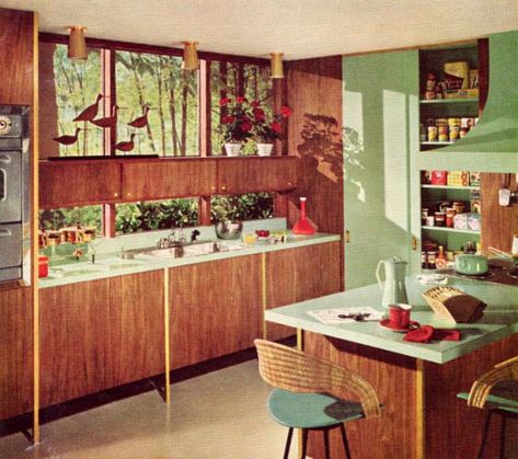 1960s Kitchen, Mcm Kitchen, 1960s Home, Tree Wall Murals, Living Vintage, Casa Vintage, Mid Century Kitchen, Retro Interior, Style Deco