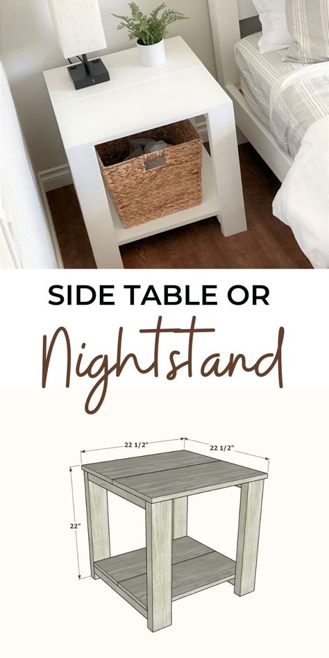 Diy Wood End Tables Night Stands, Farmhouse Bed Side Table Night Stands, Simple Wooden Side Table, Bedside Table Wood Diy, Diy Night Table Ideas, Homemade Bedside Table Night Stands, Wooden Side Table Diy, Night Stand Wood Diy, Simple Night Stand Diy