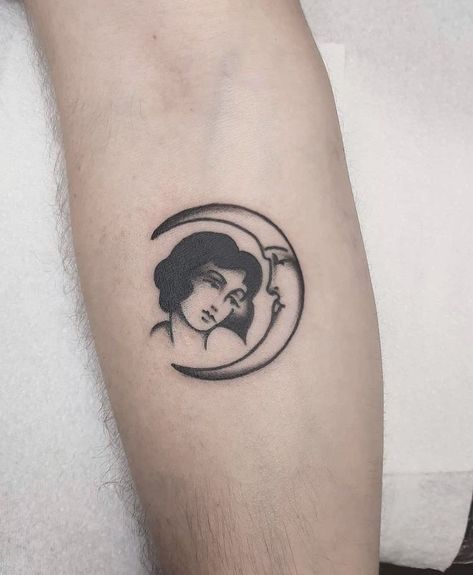 Patch Work Traditional Tattoo Sleeve, 1920s Woman Tattoo, Traditional Inspired Tattoos, American Traditional Tiny Tattoo, Vintage Looking Tattoos, Man In The Moon Tattoo, American Traditional Moon Tattoo, Small Vintage Tattoo, Moon Tattoo Traditional