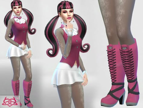 Monster High - Draculaura set  Found in TSR Category 'Sims 4 Female Clothing Sets' Sims 4 Monster High Cc, Monster High Sims 4, Sims 4 Monster, Sims 4 Halloween, Monster High Clothes, Sims 4 Anime, Sims 4 Cas Mods, The Sims Mods, Sims Inspiration