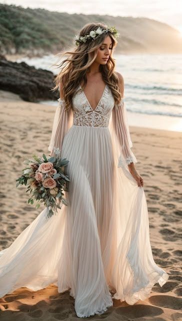 15 Beach Wedding Dresses For Every Type of Bride: The Best 2024 Ideas Colored Boho Wedding Dress, Hawaii Wedding Dress Beach Simple, Beach Wedding Bridal Dress, Beach Bride Dress Boho, Wedding Dress Tropical Brides, Wedding Dresses Tropical, Boho Outdoor Wedding Dress, Tropical Island Wedding Dress, Free Spirit Wedding Dress