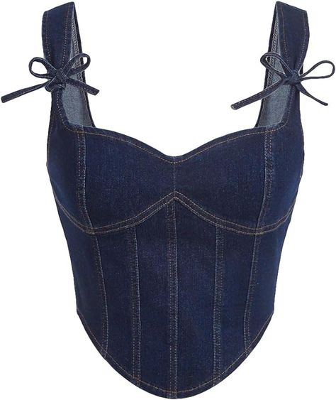 Amazon.com: BEAUDRM Women's Sleeveless Asymmetrical Hem Denim Tank Top Bow Front Lace Up Back Slim Fit Crop Top Dark Wash Small : Clothing, Shoes & Jewelry Maki Aesthetic, Corset Top And Jeans, Corsets Tops, Bow Tank Top, Denim Bows, Denim Tank Top, Denim Corset Top, Denim Tank, Slim Fit Crop Top