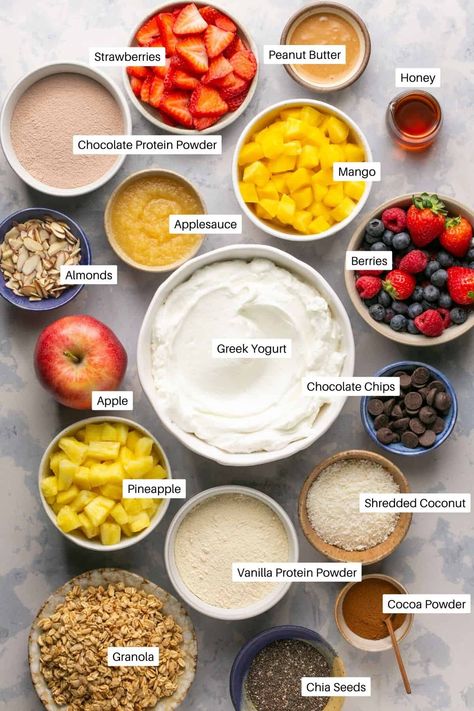 5 Minute High Protein Yogurt Bowls (4 ways) - Oh Snap Macros Fruit Yogurt Bowl Recipe, High Protein Greek Yogurt Bowl, Greek Yogurt Protein Bowl, Greek Yogurt Fruit Bowl, Greek Yogurt Bowl Recipes, High Protein Yogurt Breakfast, Yogurt Protein Bowl, High Protein Parfait, Yogurt Bowls Healthy