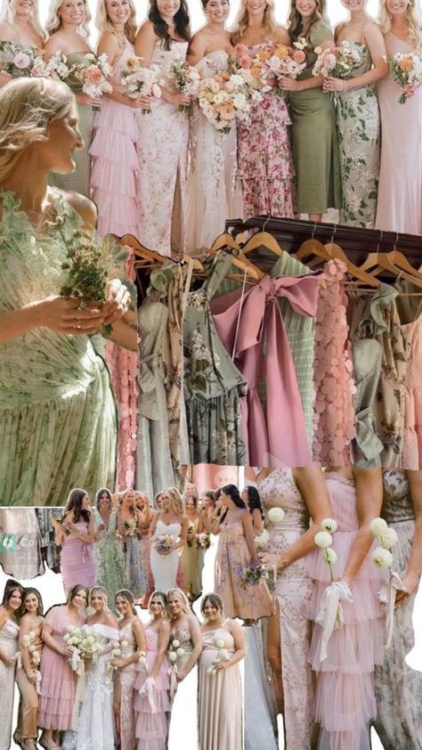 Pale pinks, greens, and champagnes Pink Green Champagne Bridesmaids, Light Pink And Green Bridesmaid Dresses, Pink And Green Mismatched Bridesmaids, Green And Peach Bridesmaid Dresses, Pink And Green Bridesmaid Bouquet, Green Yellow Pink Bridesmaids, Pastel Pink And Sage Green Wedding, Blush And Sage Bridesmaid Dresses, Sage Green And Blush Bridesmaid Dresses