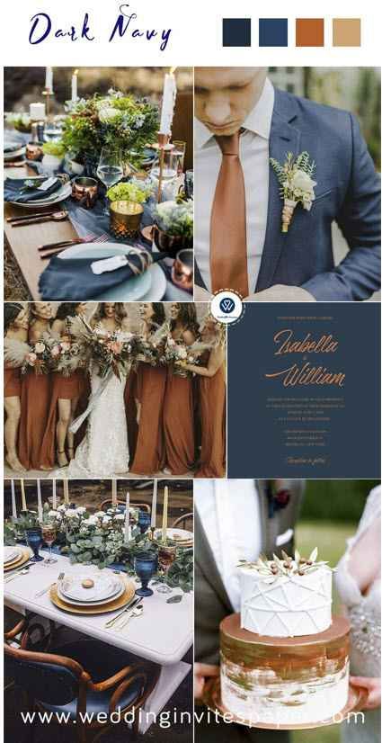 Fall Wedding Colors Blue Colour Palettes, Wedding Color Schemes Dark Blue, Dusty Blue And Brown Wedding, Blue And Brown Wedding Theme, Navy Wedding Colors Fall, Navy And Rust Wedding, Brown And Blue Wedding, Navy Blue Wedding Invites, Fall Color Palette Wedding