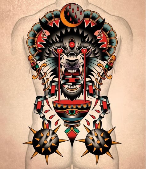 Traditional Tattoo Back Piece, Traditional Back Tattoo, Tattoo Sleeve Filler, Backpiece Tattoo, Mayan Tattoos, Traditional Tattoo Old School, Tattoo Apprenticeship, Traditional Style Tattoo, Old School Traditional