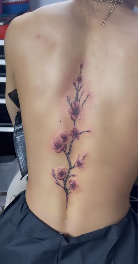 Back Cherry Blossom Tattoo Women, Spine Tattoos Cherry Blossoms, Spine Tattoo Cherry Blossom, Back Tattoo Women Cherry Blossom, Back Tattoo Flower Spine, Cherry Blossom Ankle Tattoo, Back Cherry Blossom Tattoo, Spine Tattoo Tree, Orchid Spine Tattoo