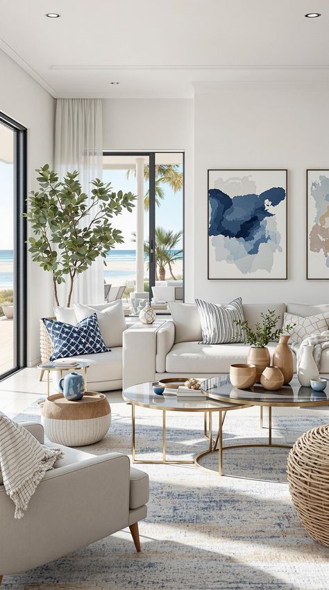 Coastal Living Room Decor Inspiration Coastal Contemporary Interior Design, Coastal Appartment, Living Room Aesthetic Minimalist, Navy Beach House, Modern Coastal Farmhouse Living Room, Coastal Chic Interior Design, Coastal Contemporary Living Room, Room Aesthetic Minimalist, Contemporary Coastal Living Room